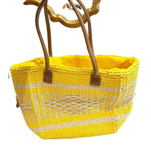 Artisan Yellow Wicker Beach Shoulder Bag Open Woven Double Strap Fabric Lining